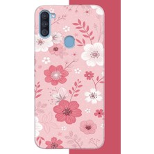 Aksesuarist Samsung Galaxy A11-M11 Uyumlu Pembe Beyaz Çiçek Baskılı Silikon Kılıf