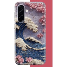 Aksesuarist Samsung Galaxy A36 Uyumlu Mavi Dalga ve Pembe Çiçekler Baskılı Silikon Kılıf