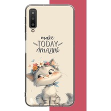 Aksesuarist Samsung Galaxy A7 2018 Uyumlu Çiçek Taçlı Kedi Baskılı Silikon Kılıf