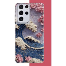 Aksesuarist Samsung Galaxy S21 Ultra Uyumlu Mavi Dalga ve Pembe Çiçekler Baskılı Silikon Kılıf