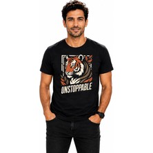 Etifa Tekstil Etifa Unstoppable Kaplan Baskılı Siyah Unisex Tişört %100 Pamuk Premium T-Shirt