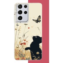 Aksesuarist Samsung Galaxy S21 Ultra Uyumlu Siyah Kedi Baskılı Silikon Kılıf