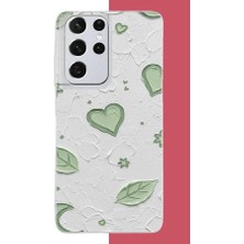 Aksesuarist Samsung Galaxy S21 Ultra Uyumlu Yeşil Kalpli Tuval Baskılı Silikon Kılıf