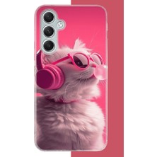 Aksesuarist Samsung Galaxy A34 Uyumlu Pembe Gözlüklü Kedi Baskılı Silikon Kılıf
