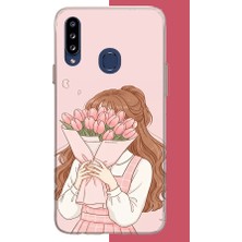 Aksesuarist Samsung Galaxy A20S Uyumlu Lale Buketli Kız Baskılı Silikon Kılıf