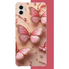 Aksesuarist Samsung Galaxy A04 Uyumlu Pembe Taşlı Kelebek Baskılı Silikon Kılıf