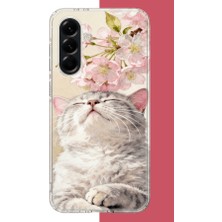 Aksesuarist Samsung Galaxy A56 Uyumlu Pembe Yapraklı Kedi Baskılı Silikon Kılıf