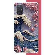 Aksesuarist Samsung Galaxy A71 Uyumlu Mavi Dalga ve Pembe Çiçekler Baskılı Silikon Kılıf