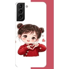 Aksesuarist Samsung Galaxy S21 Plus Uyumlu Kawaii Kalpli Kız Baskılı Silikon Kılıf