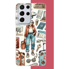 Aksesuarist Samsung Galaxy S21 Ultra Uyumlu Vintage-Travel Baskılı Silikon Kılıf