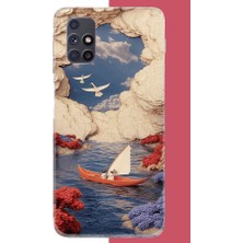 Aksesuarist Samsung Galaxy M51 Uyumlu Göldeki Turuncu Kayık Baskılı Silikon Kılıf