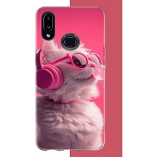 Aksesuarist Samsung Galaxy A10S Uyumlu Pembe Gözlüklü Kedi Baskılı Silikon Kılıf