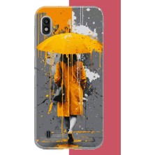 Aksesuarist Samsung Galaxy A10 Uyumlu Sarı Şemsiyeli Kadın Baskılı Silikon Kılıf