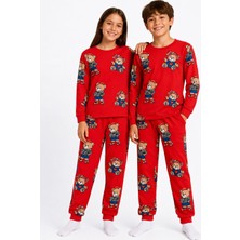 Zuzunga Unisex Kırmızı Renk Ayıcık Desenli Uzun Kollu Pijama Takımı