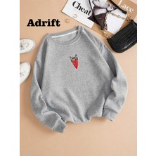 Tarzsokak Adrif Maskeli Kedi Renkli Oversize Bisiklet Yaka Pamuklu Sweatshirt Gri