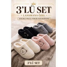 Stwenn 3’lü Avantajlı Paket Kışlık Peluş Ayıcık Desenli Sessiz Ortopedik Taban Çeyiz Misafir Ev Terliği Set