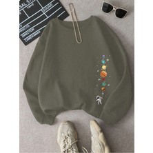 Tarzsokak Astronot ve Gezegen Baskılı Üç Iplik Ünisex Oversize Sweatshirt Gri