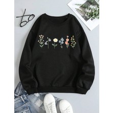Tarzsokak Çiçek Desenli Termal Astarlı Sweat Siyah