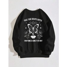 Tarzsokak Slogan & Butterfly Print Pullover Siyah