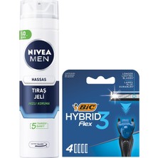 1001 Men Hassas Tıraş Jeli 200 ml + Bıc Hybrid 3 Flex 4'lü Yedek Tıraş Bıçağı Kartuşu