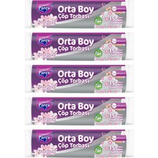 1001 Büzgülü Çöp Torbası Kiraz Çiçeği Kokulu 15'li Orta Boy 55 x 60 cm Beşli Paket