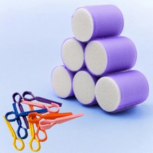 1001 Croc 1203 Mor Cırtlı Sünger Bigudi 6lı Çap 5cm +10LU Plastik Saç Pensi