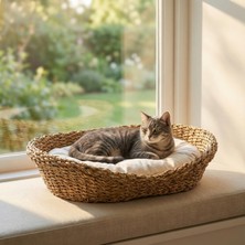 1001 Oval Hasır Kedi Yatağı, Doğal Örme Dekoratif Kedi Sepeti, Yumuşak Minderli ve Alçak Girişli