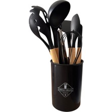 1001 8 Parça Premium Mutfak Seti, Ahşap Saplı ve Silikon Uçlu, Siyah, Kepçe, Spatula, Çırpıcı, F
