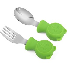 1001 304 Çelik Yeşil Ayıcık Model Bebek Kaşık ve Çatal Set CIN766YS
