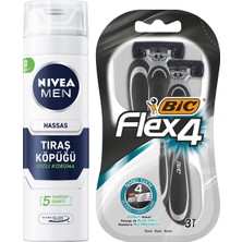1001 Men Erkek Hassas Tıraş Köpüğü 200 ml + Bıc Flex 4 Erkek Tıraş Bıçağı 3'lü Blister (4 B�
