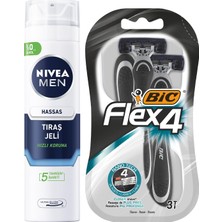 1001 Men Hassas Tıraş Jeli 200 ml + Bıc Flex 4 Erkek Tıraş Bıçağı 3'lü Blister (4 Bıçak)