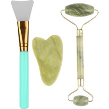 1001 Çift Taraflı Jade Roller Yeşim Taşı Seti + 2'li Silikon Maske Sürme Fırçası Cilt Bakım Set