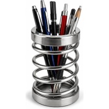 1001 Metal Spiral Kalemlik, Paslanmaz Çelik Yay Tasarımlı Masaüstü Kalemlik, Gümüş Ofis Kalem Tut