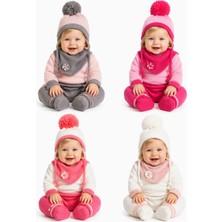 Kitti Kız Bebek Sarmal Çiçek Nakışlı Atkı Bere Eldiven Seti