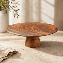 1001 Akasya Ahşap Ayaklı Pasta Standı, 33 cm Yuvarlak Kek ve Tatlı Sunum Tabağı
