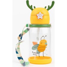 1001 Geyik Figürlü Pipetli Su Matarası 700 ml Askılı Sticker Hediyeli Çocuk Suluk Gıda Sınıfı P