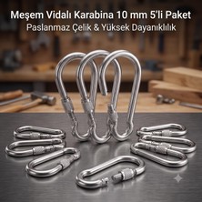 1001 Metal Vidalı Karabina 10 mm 5'li Paket - Kalın Çelik Yük Taşıma Kancası, Dağcılık ve Takti