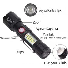 Beruflic WS-2828 Ultra USB Şarjlı Polis El Feneri, Bekçi, Asker El Feneri Kırmızı Mavi Çakarlı 1000 L