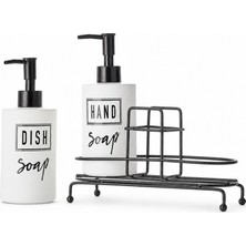 Meturas 2'li Beyaz Seramik Sıvı Sabunluk ve Deterjanlık Seti, Hand Soap ve Dish Soap Yazılı, 2 x 400 ml Kapasiteli, Mutfak Tezgâhı ve Banyo Için Düzenleyici, 21 x 8 x 14 cm