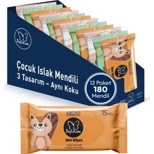 1001 KIDS2GO Seyahat El Temizleme Mendilleri, 12'li Paket (Toplam 180 Adet), Çocuklar Için Nazik El Te