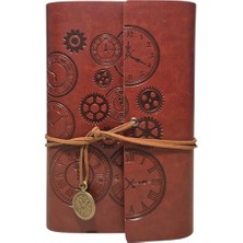 Frefly Store Retro Vintage Saat ve Çark Baskılı Saat Kolye Uçlu Deri Kapaklı Günlük Not Defteri Zamanın Kıymetini Bilenlere Özel Tasarım Hediyelik Koyu Kahve