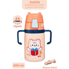1001 400 ml 316L Paslanmaz Çelik Pipetli Çocuk Termosu Taşıma Kulplu Askılı Çift Duvar -FFR400ML40