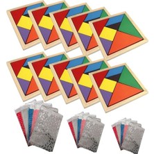 Frefly Store 10 Adet Ahşap Kare Tangram Renkli Zeka Oyunu 7 Parça 14X14CM Hediye Paketi ile Birlikte Okul Öncesi Ilk Okul Karne Hediyesi Doğum Günü Hediyesi