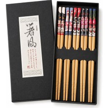 1001 5 Çift Japon Tarzı Ahşap Yemek Çubuğu Seti Kaymaz Uçlu Kedi Desenli Kutulu Chopstik Seti