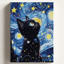Frefly Store Sayılarla Boyama Tuval Hobi Seti, Yıldızlı Kedi Temalı Fırça ve Boya Dahil Set (Çıtalı) 40X50 Cm, Kendin Yap Sayılarla Tuval Boya Kiti (Kasnaklı)