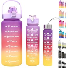 1001 3'lü Motivasyonel Matara Seti - Özel Renk Geçişli Tasarım 2 L + 900 ml + 300 ml Su Şişesi Tak