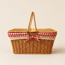 1001 Hasır Piknik Sepeti, Kırmızı Ekoseli ve Dantelli Kapaklı Taşıma Sepeti, 39X27X18 cm Ahşap G�