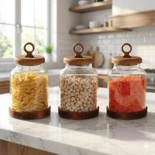 Frefly Store Amberhaus 3'lü Ring Serisi Akasya Kapaklı ve Tabanlı Borosilikat Cam Kavanoz Seti - 1100 ml Vakumlu Bakliyat ve Kurabiye Saklama Kabı (20X11.5 Cm)