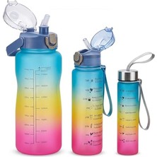 Frefly Store 3'lü Motivasyonel Matara Seti, Iç Içe Geçebilir Tasarım, 2000ML, 900ML ve 300ML, Gradyan Renk Seçenekleri, Sticker ve Pipet Hediyeli (Gece Yarısı)