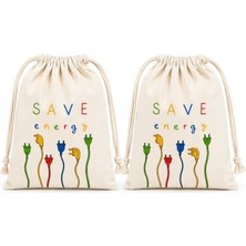 Frefly Store Save Energy Baskılı Bez Kese 15X20 cm 2'li Set - Ipli Pamuklu Çok Amaçlı Saklama Kesesi, Kablo Düzenleyici, Hediye Kesesi